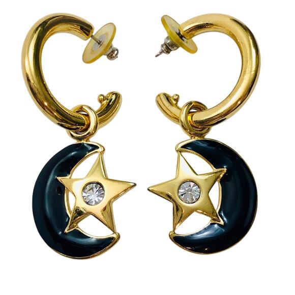 Vintage 80's Earrings Black Half Moon Gold Hoop Dangle Rhinestone Spacecore - Picture 2 of 16